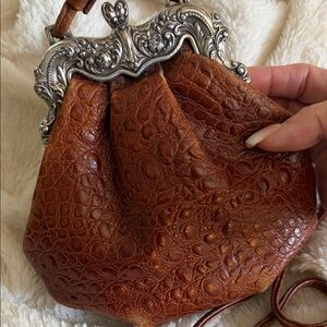 Brighton Croc-Embossed Brown Leather Vintage Crossbody with Ornate Silver Frame